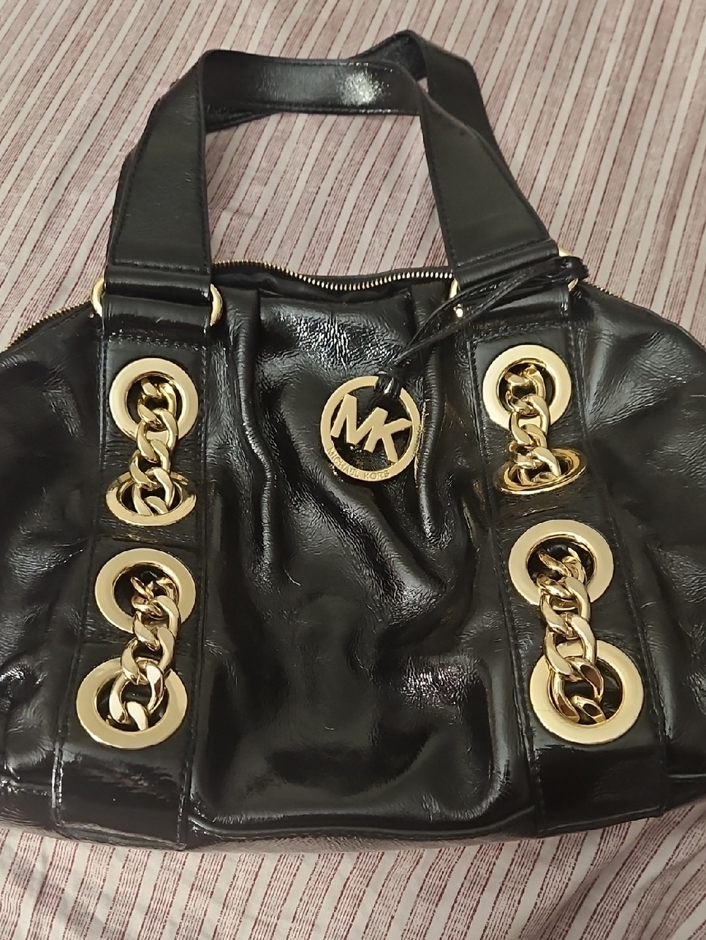 Michael Kors Black Patent Shoulder Bag with Gold Chain Accents